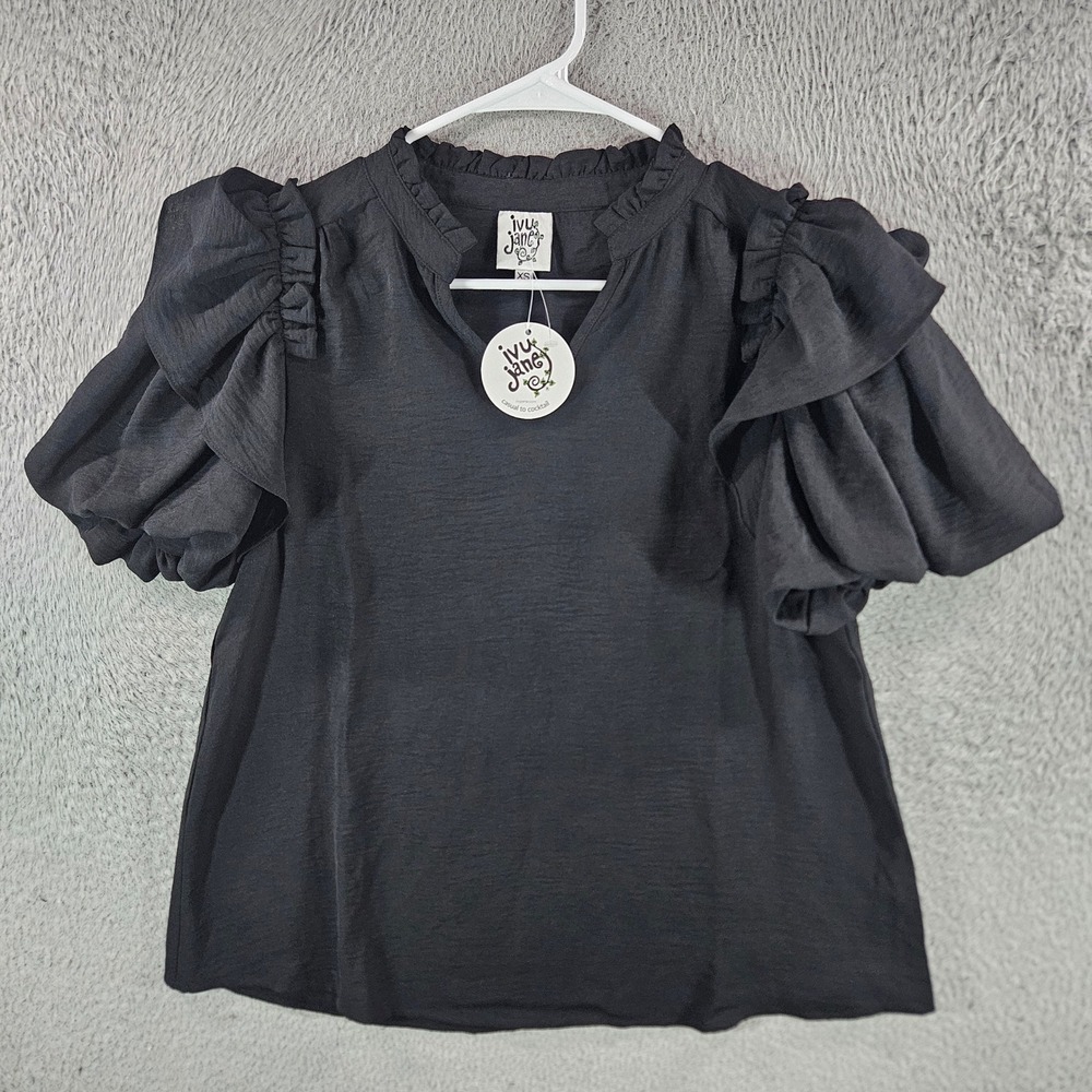 Ivy Jane Womens Black Ruffle Puff Sleeve Split Neck Blouse Top XS NEW NWT